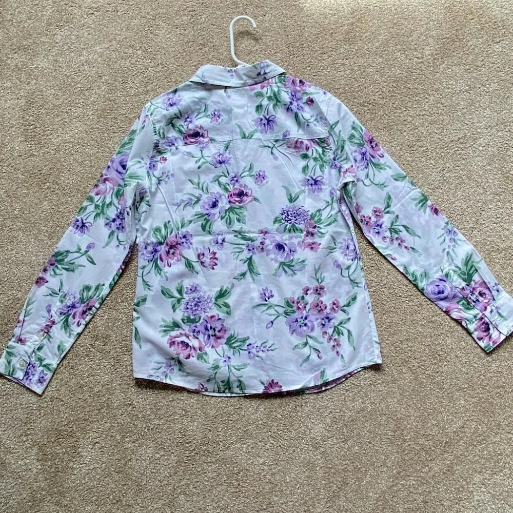 Benetton White and Purple Floral Long Sleeve Button-Down Shirt Size S - Picture 3 of 4